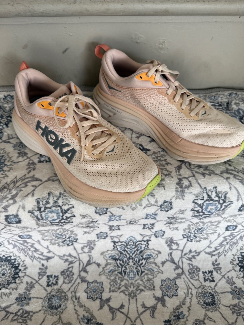 Hoka Women's Running Shoes in Light Pink with Yellow Accents